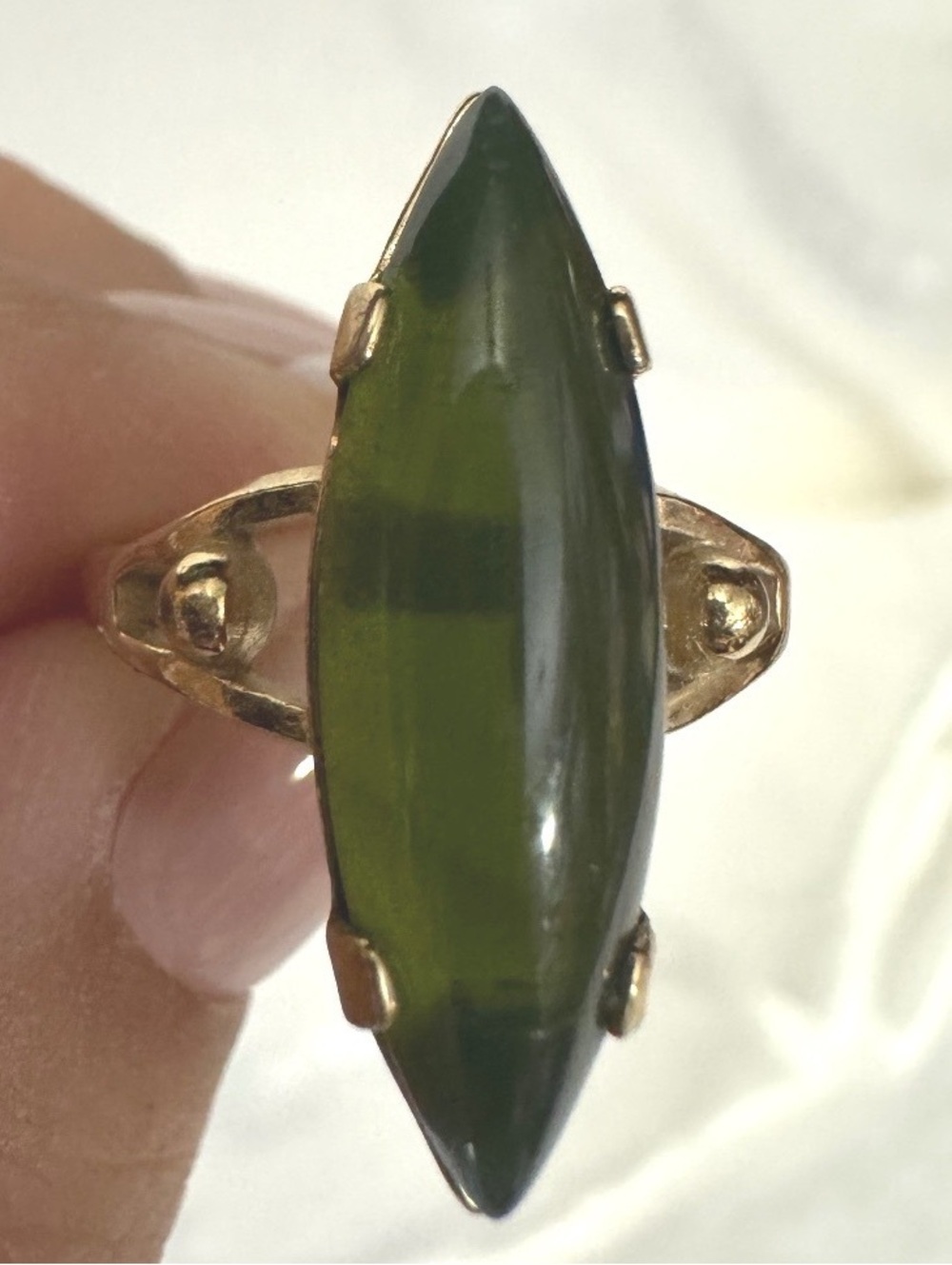 Vintage 18K HGE Gold Plated Green Marquise Cabochon Statement Cocktail Ring